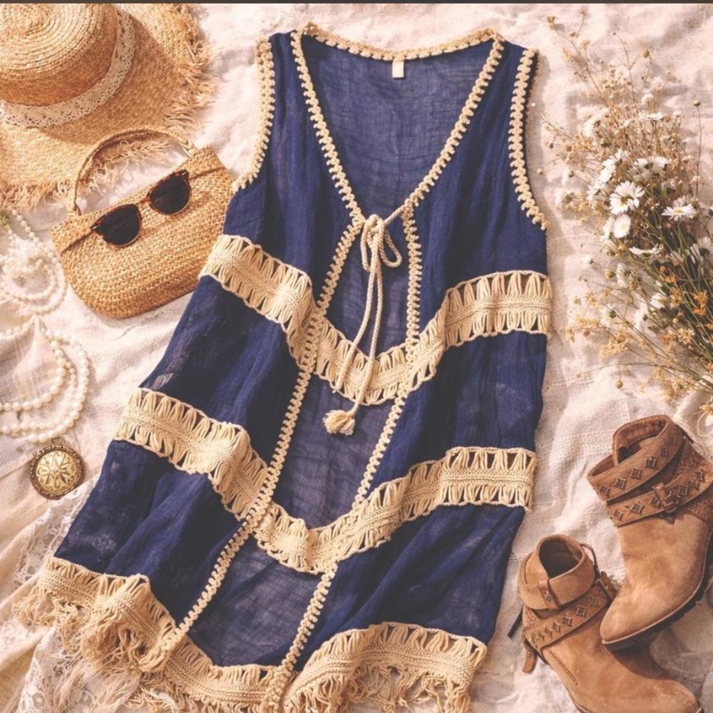 Paisley Vine Boho Crochet Fringe Kimono Duster – Navy Gauze Tan Layer One Size